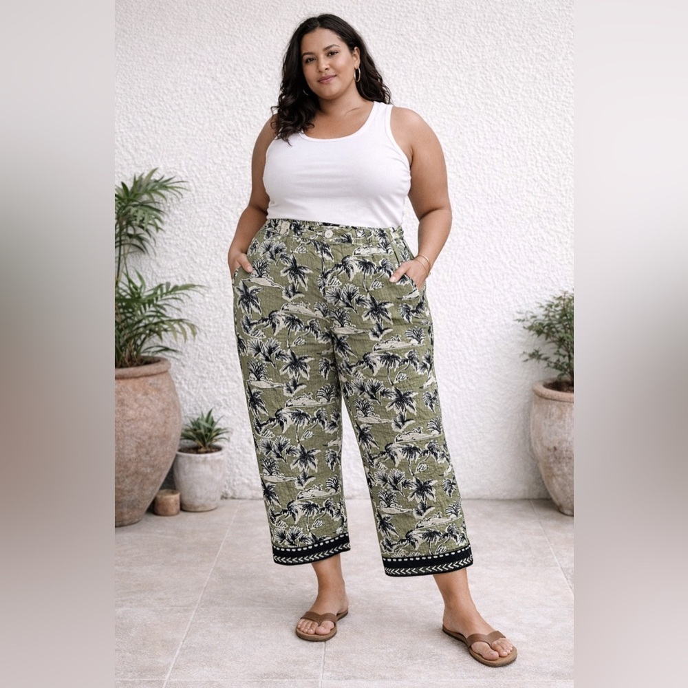 Tahari Linen Palm Print‎ Pants Green Island Style Size XL
